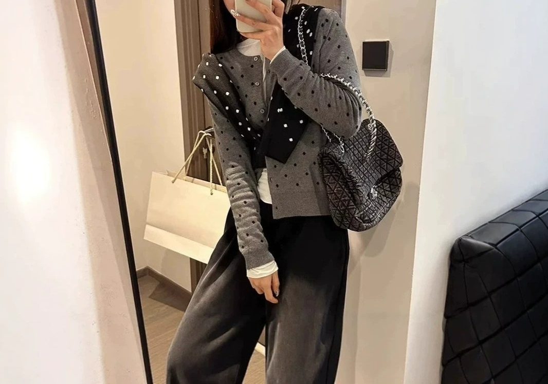 Crew Clothing Summer Jacket - Szary kardigan w kropki z dzianiny,