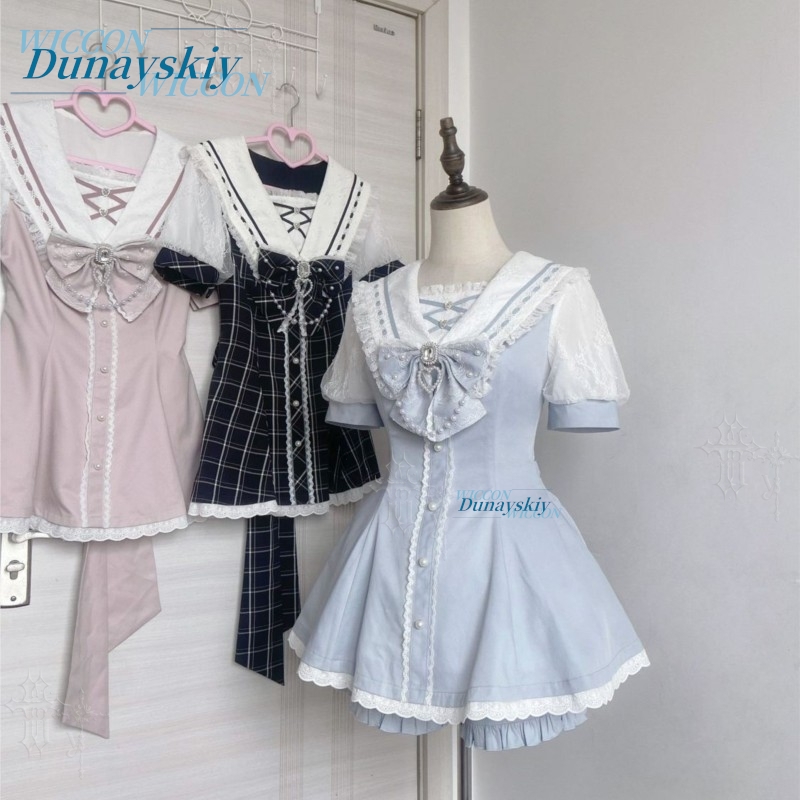 Summer Japanese Clothing - Zestaw Sukienki z Kołnierzykiem Marynarskim, Koronkową