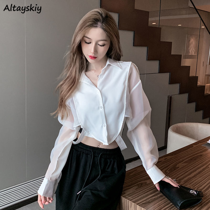 Crop Blouse Linen - Koszule damskie szyk Retro patchworkowy projekt