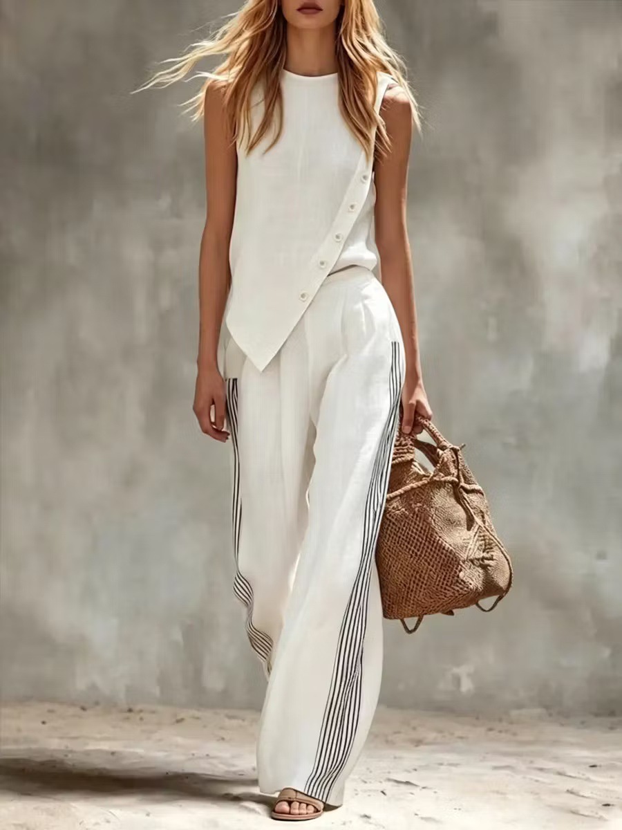 Summer Linen Clothing For Women - Dwuczęściowy lniany komplet z nieregularnymi bocznymi