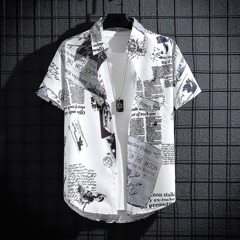 Summer Clothing Essentials Men - Koszula z nadrukiem gazety, koreańska wersja