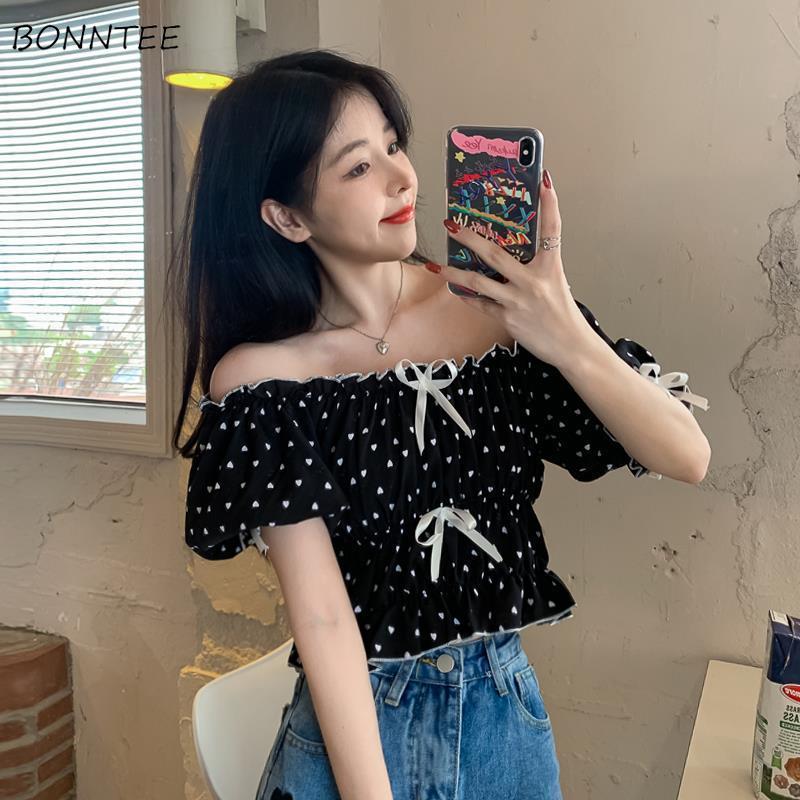 Crop Blouse Linen - Bluzki damskie Summer French Puff Sleeve