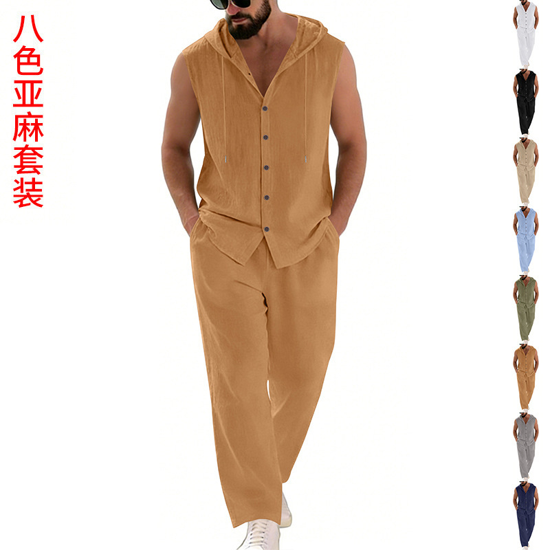 Summer Clothing Mens - Męski lniany komplet casualowy: bluza z