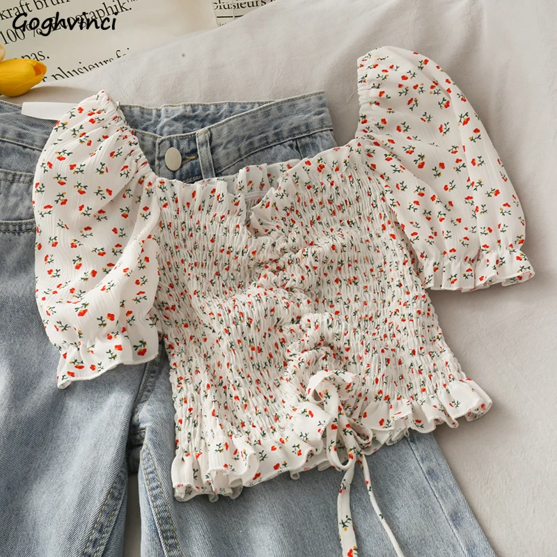 Crop Blouse Linen - Bluzki koszule damskie kwiatowe sznurki Ruffles