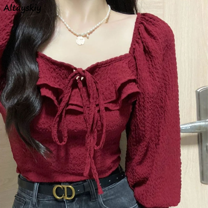 Crop Blouse Linen - Czerwone Bluzki Koronkowe Casualowe Vintage Eleganckie