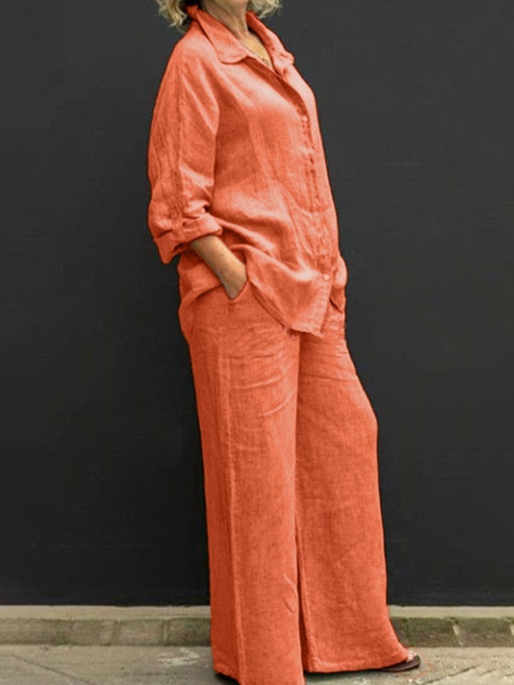 Summer Linen Clothing For Women - Dwuczęściowy zestaw jesienny Vintage Jednolity kolor