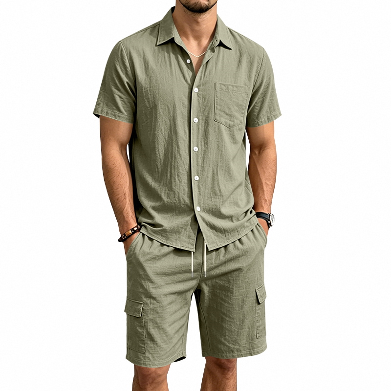 Summer Clothing Mens - Męski letni lniany dwuczęściowy zestaw: koszula