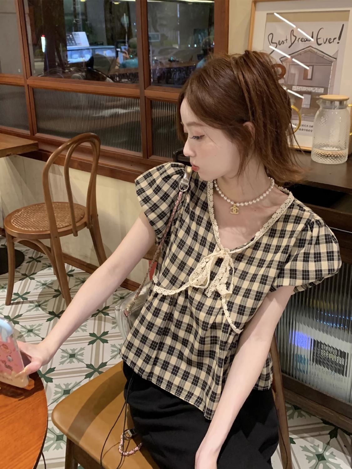 Bluzki damskie w kratę Vintage – Crop Blouse Linen recenzja i cena